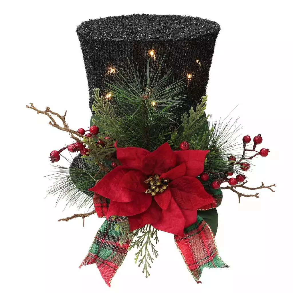 Brand new ⭐ 10" Red & Black Tabletop Snowman Hat With Pine, Holly Berries & LED Lights by Ashland® 🤩 4 Brand new ⭐ 10" Red & Black Tabletop Snowman Hat With Pine, Holly Berries & LED Lights by Ashland® 🤩 - Image 2