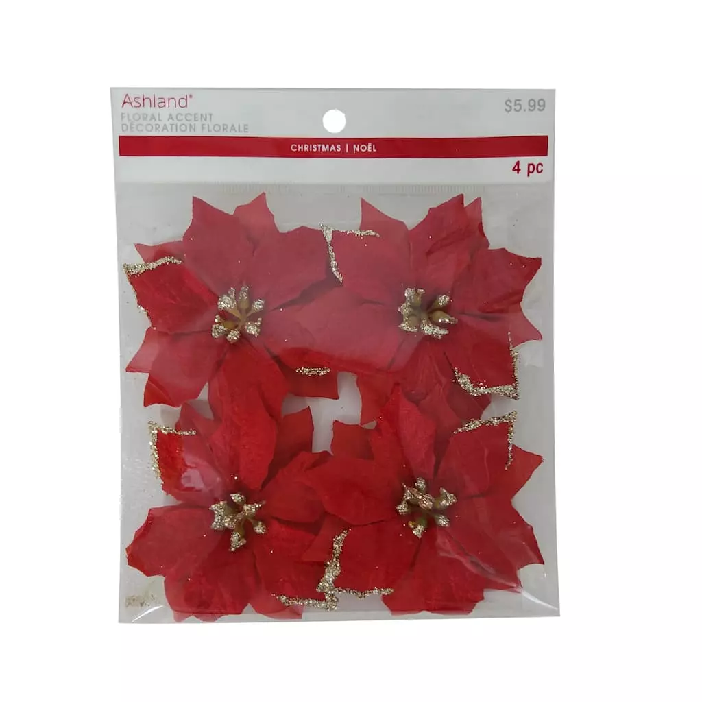 Buy ⭐ 3.5" Red Poinsettia Accents with Glittery Gold Tips by Ashland®, 4ct. 😍 3 Buy ⭐ 3.5" Red Poinsettia Accents with Glittery Gold Tips by Ashland®, 4ct. 😍