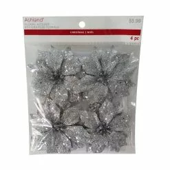 Coupon 🧨 3.5" Glittery Silver Poinsettia Accents by Ashland®, 4ct. 😀