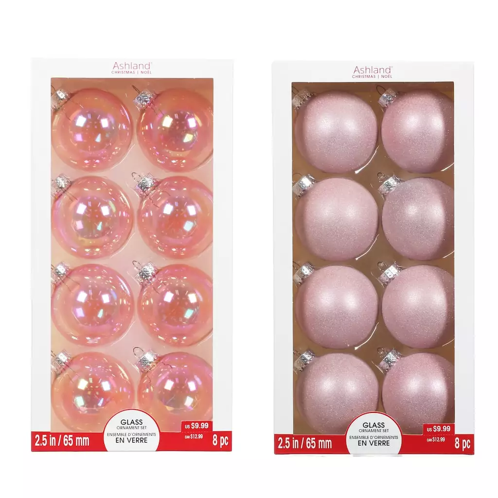 Brand new ❤️ Assorted 8ct. 2.5" Light Pink Glass Ball Ornaments by Ashland® 🔔 3 Brand new ❤️ Assorted 8ct. 2.5" Light Pink Glass Ball Ornaments by Ashland® 🔔